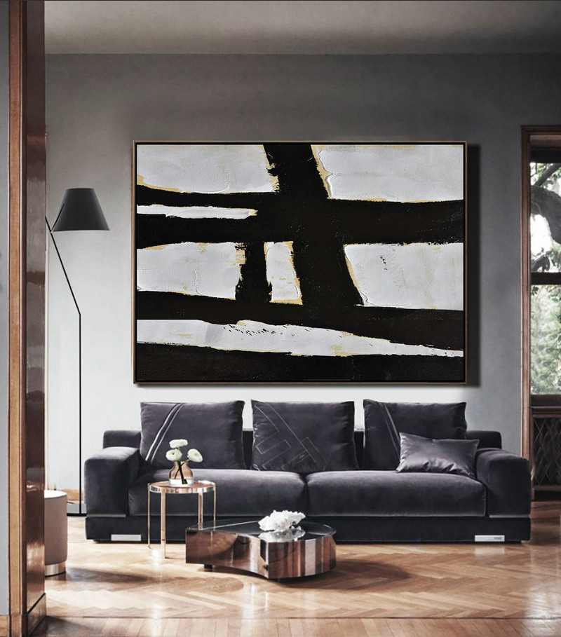 Modern Art Abstract Painting,Horizontal Palette Knife Minimal Canvas Art Painting Black White Beige - Original Modern Art,Large Wall Art Handmade